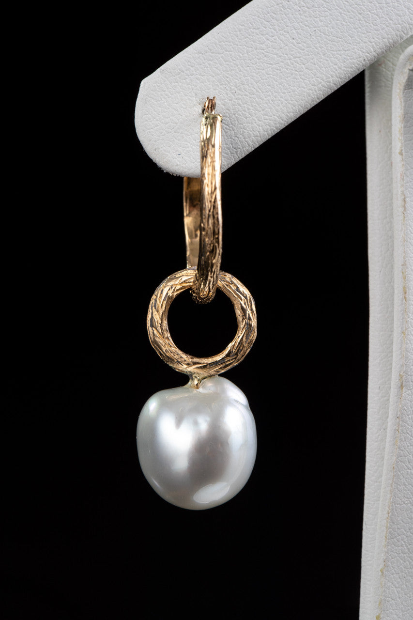 14K Yellow Gold Bark-Style and Pearl Dangles