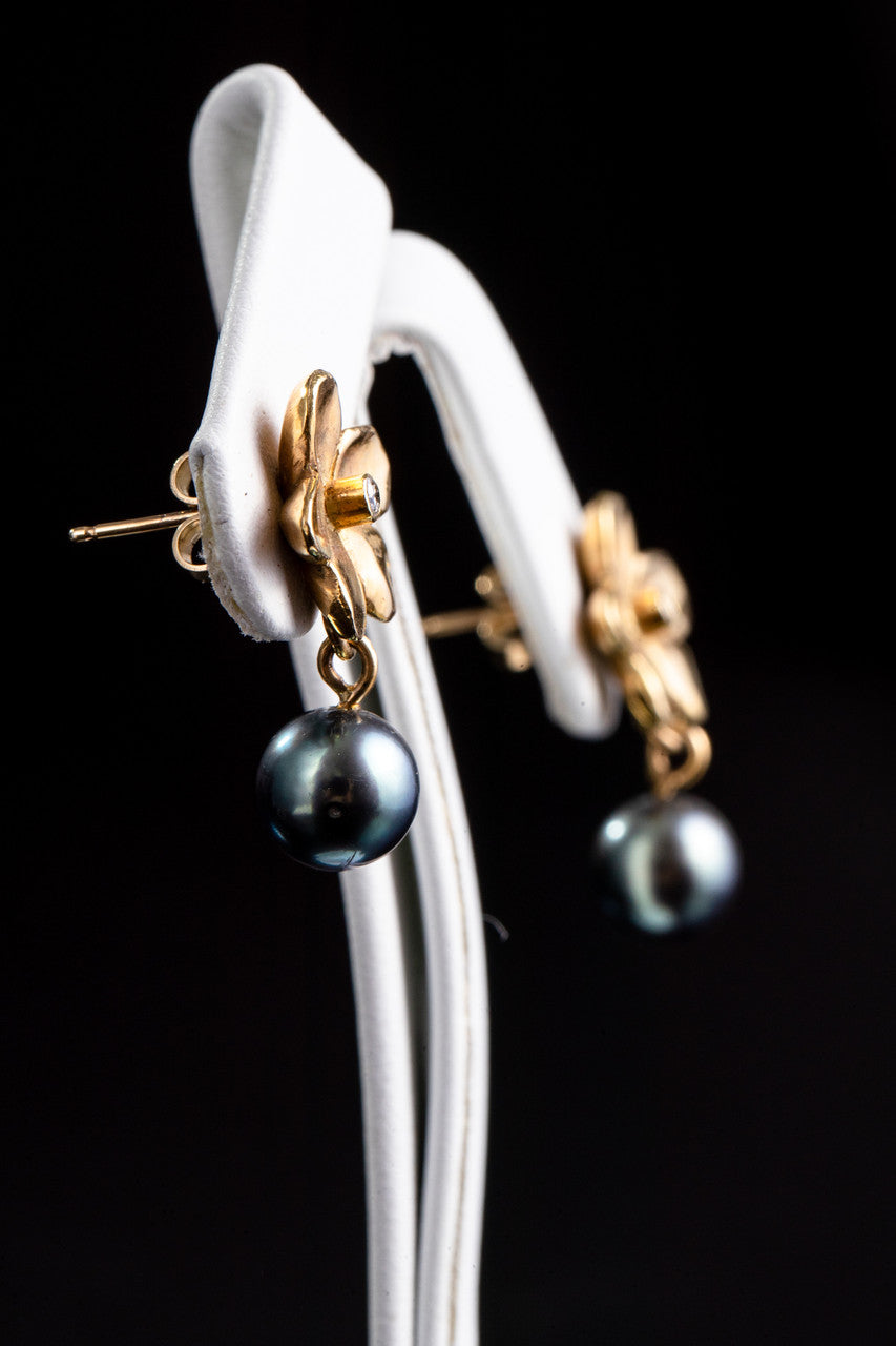 Gold Flower Dangle with Black Tahitian Pearl and Diamond