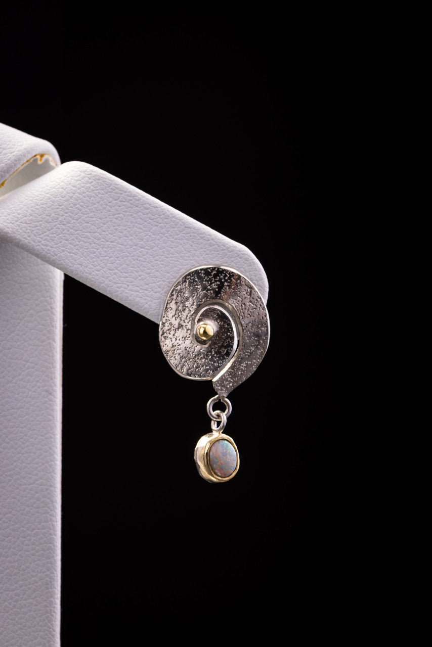 22k Yellow Gold Coil Style Textured Drop Earrings with Grey Black Opals