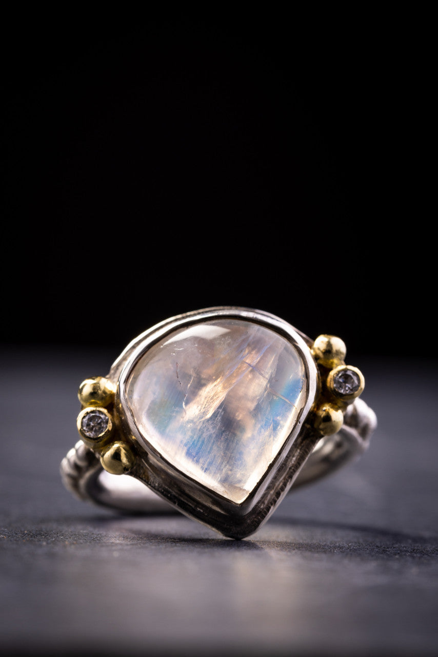 Rainbow Moonstone Diamond Two Tone Ring