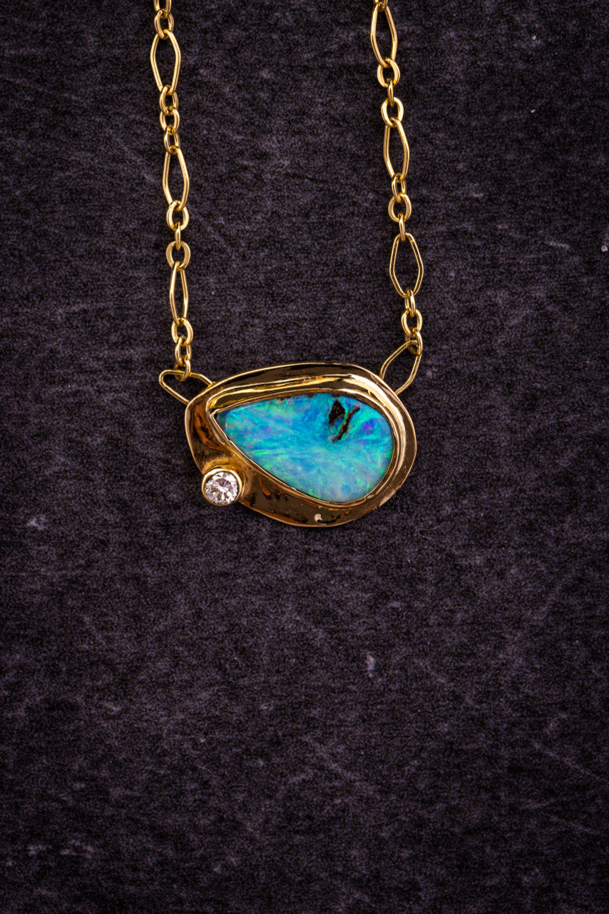 Boulder Opal Necklace with Natural Diamond