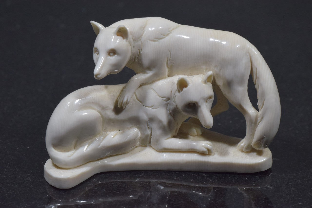 Fossilized Mammoth Tusk Ivory Carving Of Pair of Wolves
