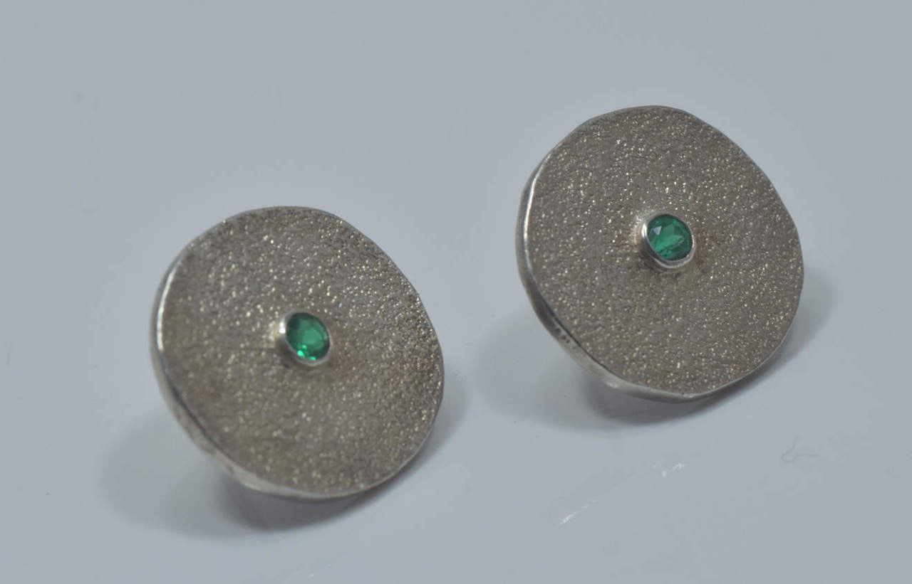 Emerald Texture Disc Sterling Earrings