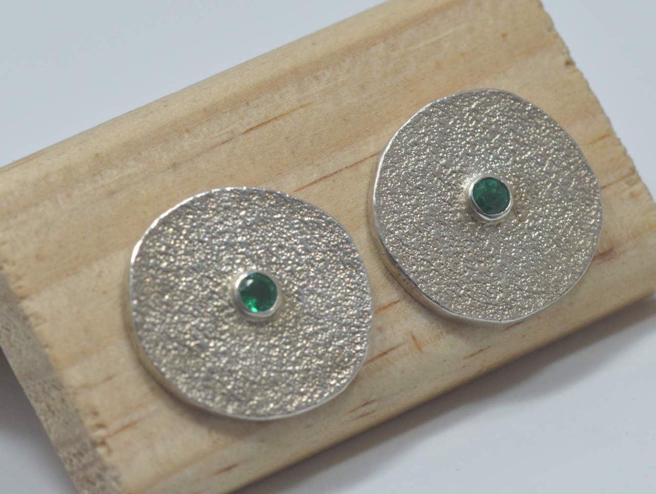 Emerald Texture Disc Sterling Earrings