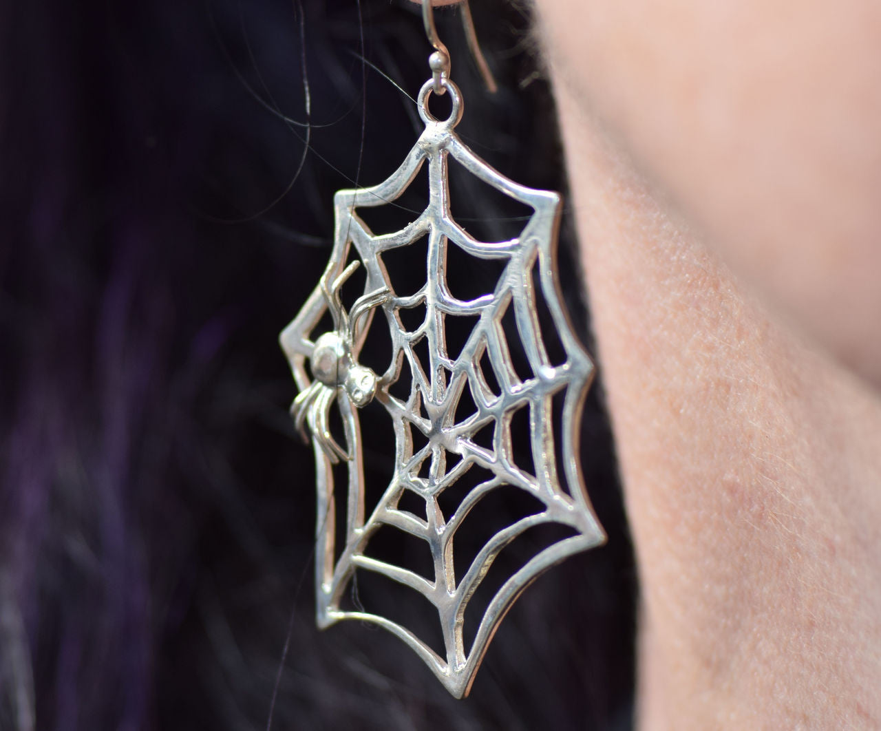 Cobweb & Single Spider Dangle Earrings