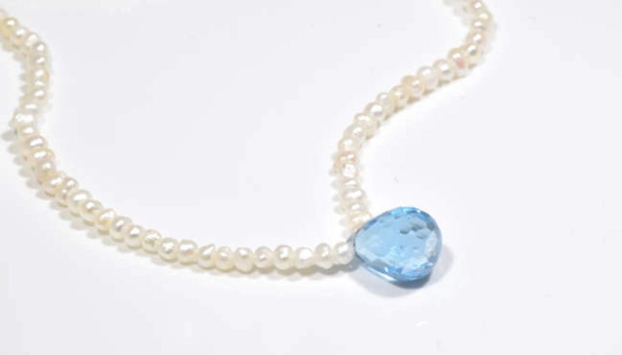 Blue Topaz Briolette Pendant on Freshwater Pearls Necklace