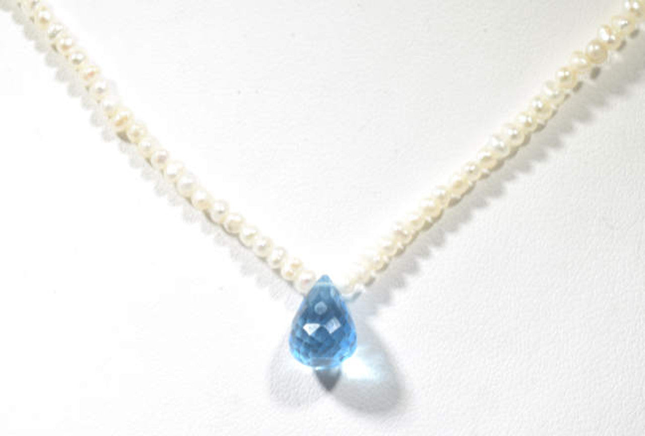 Blue Topaz Briolette Pendant on Freshwater Pearls Necklace