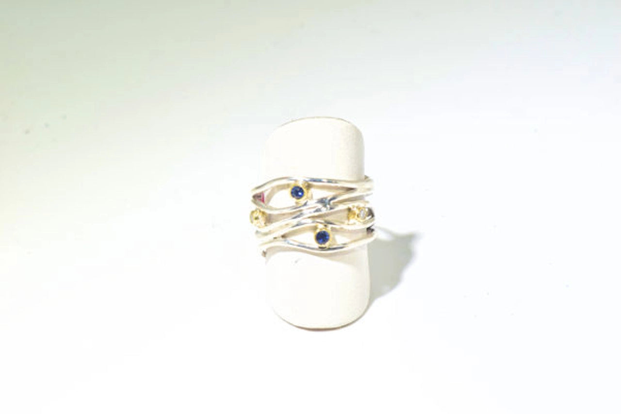 Blue Sapphire and Diamond Sterling Silver Wire Ring
