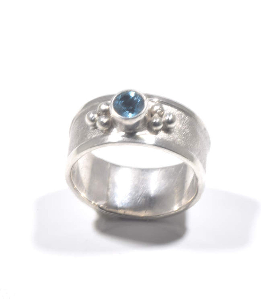 Blue Topaz Round Sterling Silver Beaded Ring