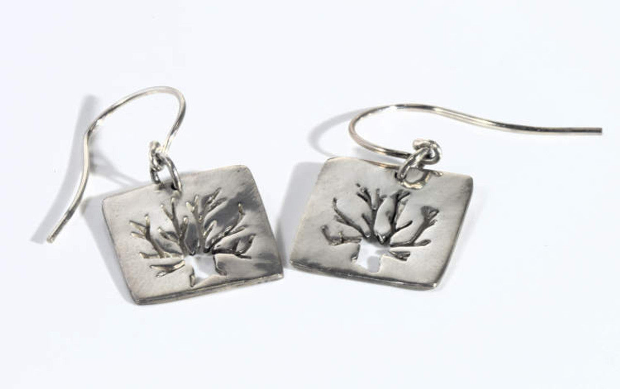 Silver Square Tree of Life Dangle Earrings