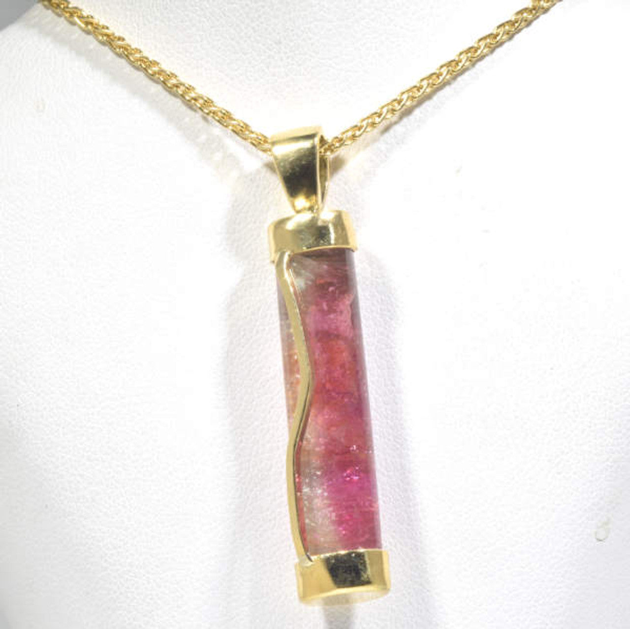 Pink Tourmaline Cylinder 18 k Gold Necklace